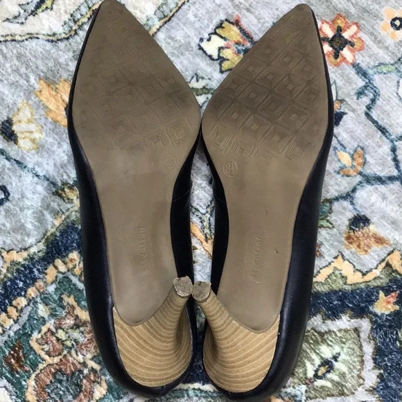 Attention ‘Tyanna’ Black Faux Leather Point Toe Stacked Heel Pumps - Picture 6 of 10